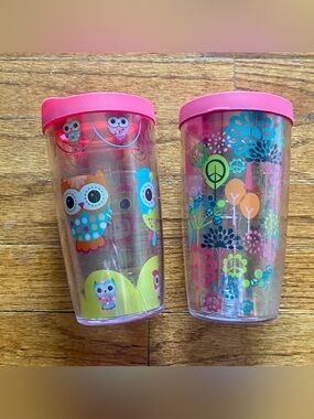 Pink Owl and Floral set of Tervis Tumblers with lids